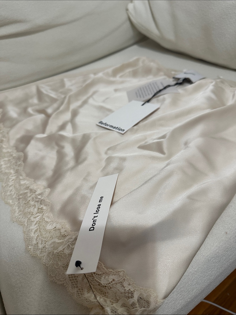 Reformation Satin Lace-Trim Mini Skirt in Cream Neera Satin Skirt - Picture 5 of 5